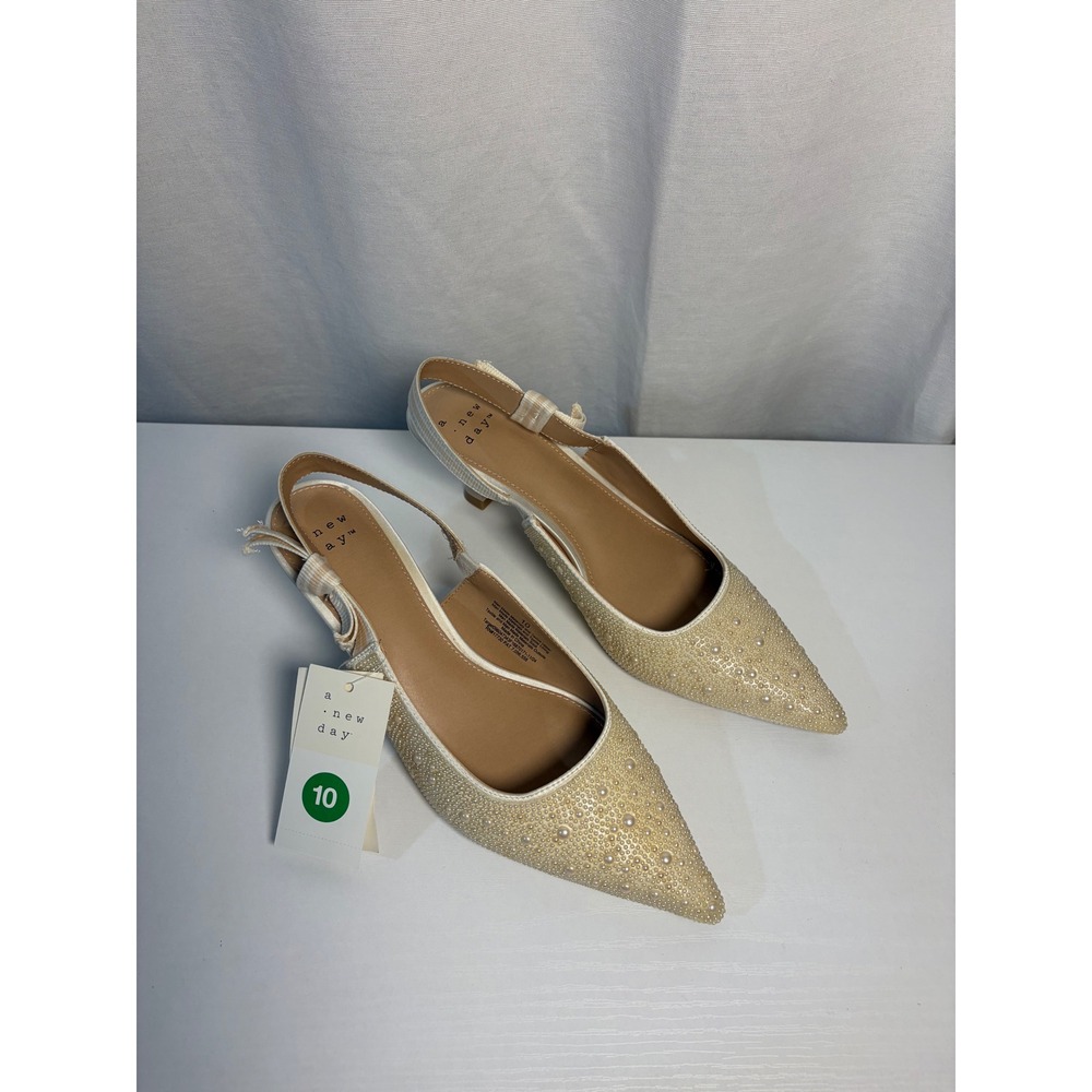 A New Day Milan Ivory Pearl Embellished Slingback Kitten Heel Pumps Womens 10